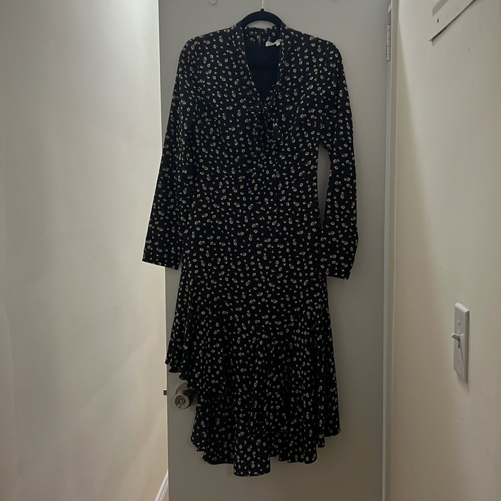 Printed asymmetrical hem dress with necktie detail